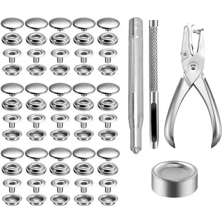 200Pcs Stainless Steel Snap Fastener Kit Durable Snaps Buttons Set Press Studs Cap with Fixing Tool and Pliers DIY Leather Craft for Clothing Sewing Jacket Repair