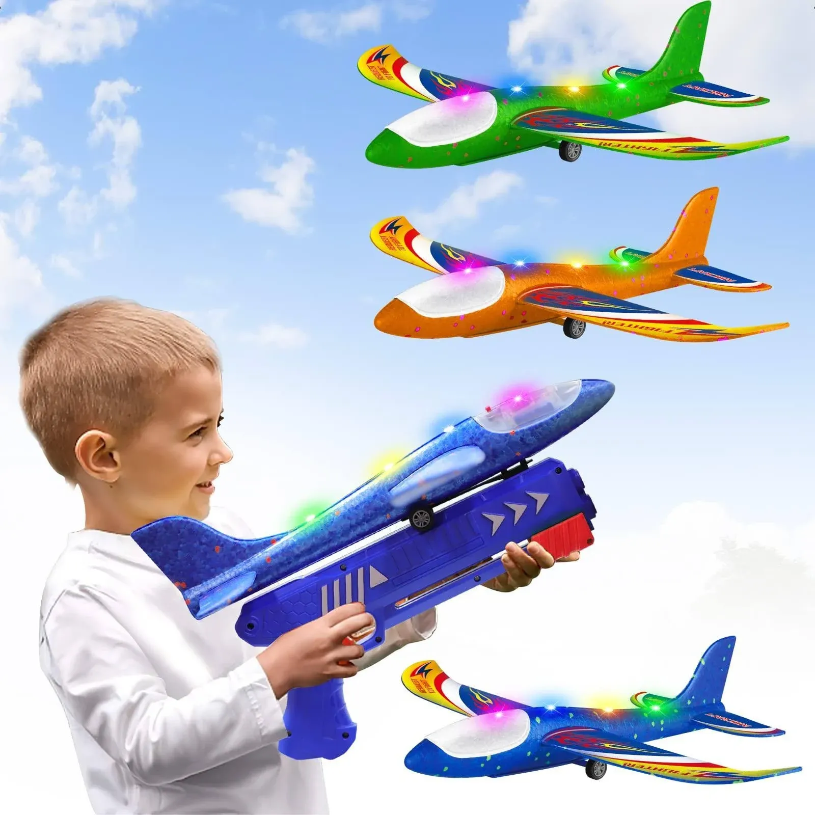 Wesfuner 3 Pack Foam Airplane Launcher Toys, 2 Flight Mode Glider Plane,Kids Fly