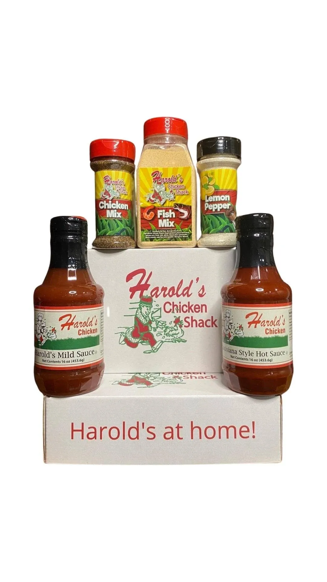 Harolds Chicken DIY at Home Kit Comes with Mild Sauce Hot Sauce Lemon Pepper Fish Mix and Chicken Mix. 5 Piece Set