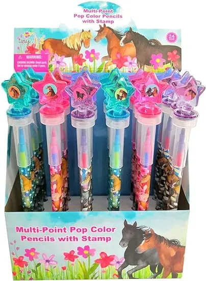 TINYMILLS 24 Pcs Horse Pony 2 in 1 Stackable Stacking Crayon with Extra Stamper Topper, Kids Party Favors, Goodie Bag Stuffers, Classroom Rewards, Prizes