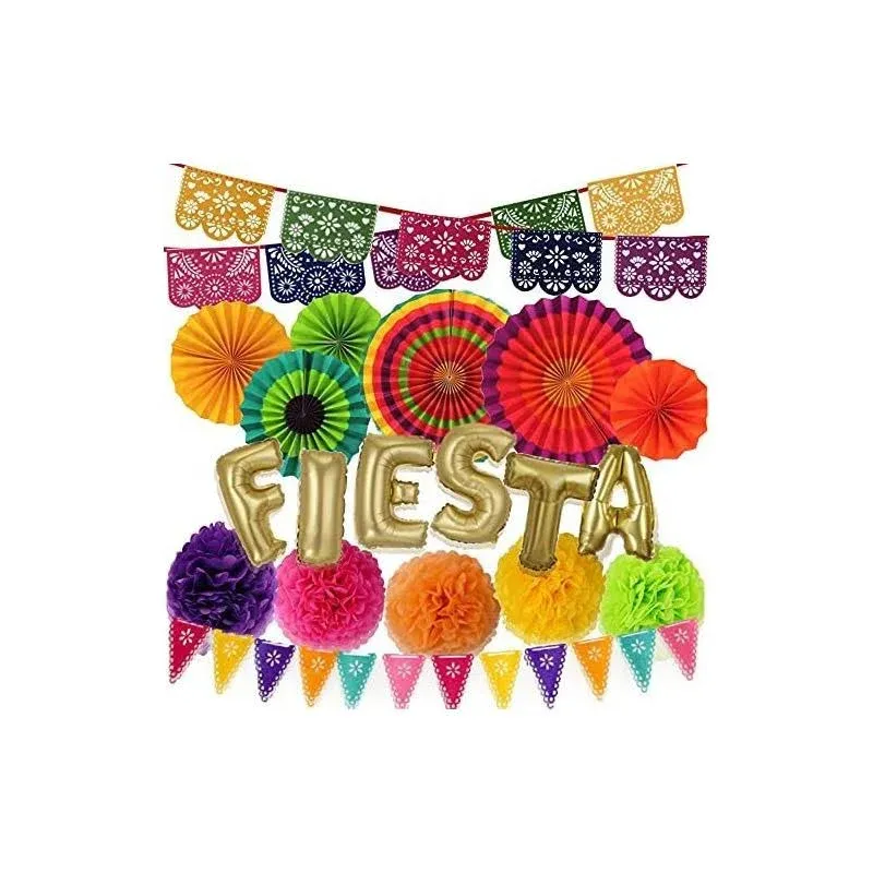 Emuya Mexican Fiesta Party Decorations – Cinco de Mayo - 6 Paper Fans, 5 Flowers ...