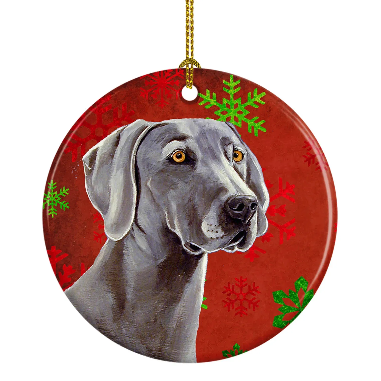 Caroline&apos;s Treasures Weimaraner Red and Green Snowflakes Holiday Christmas Ceramic Ornament