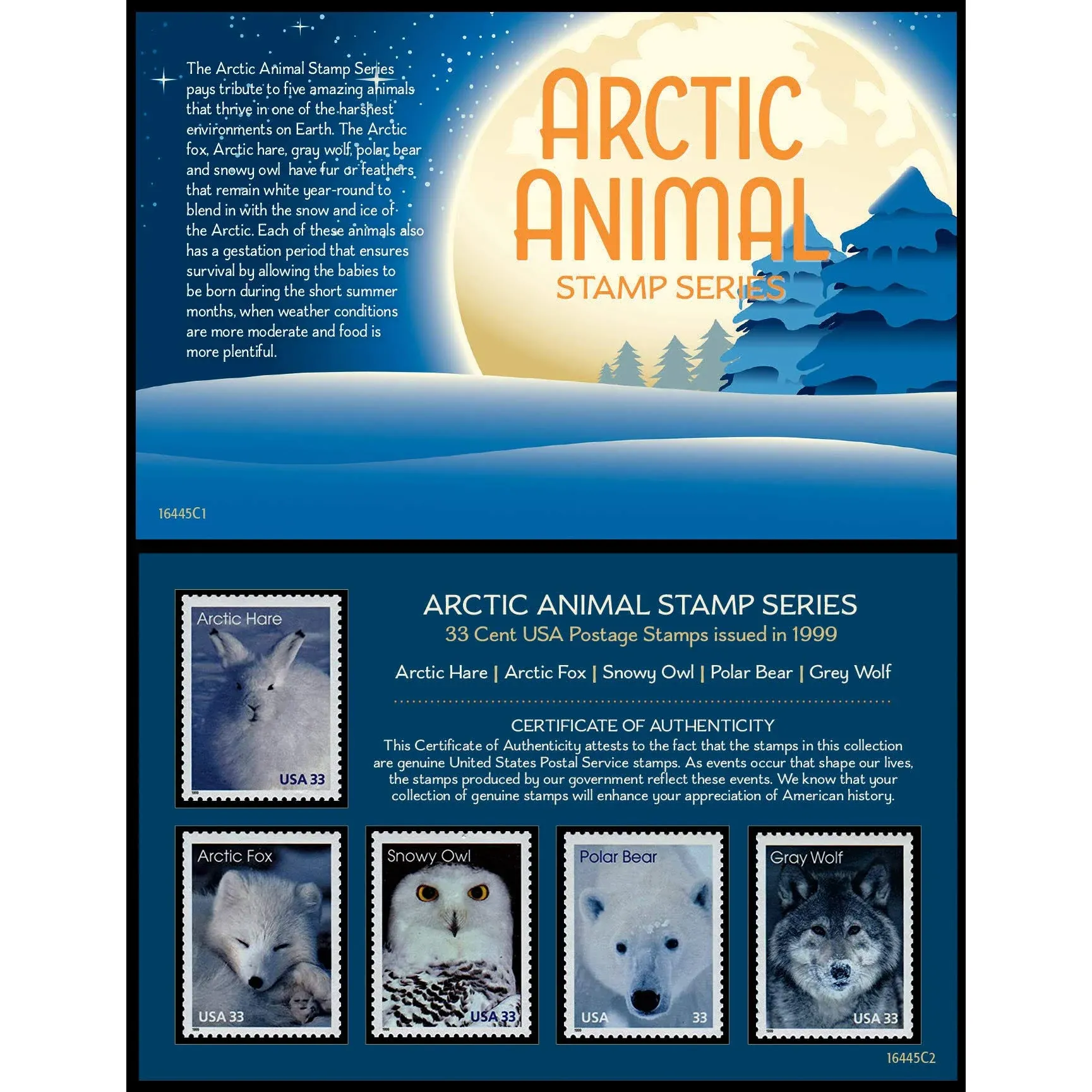 Arctic Animal United States Postage Stamp Series, 5 Mint State 33 Cent Stamps,