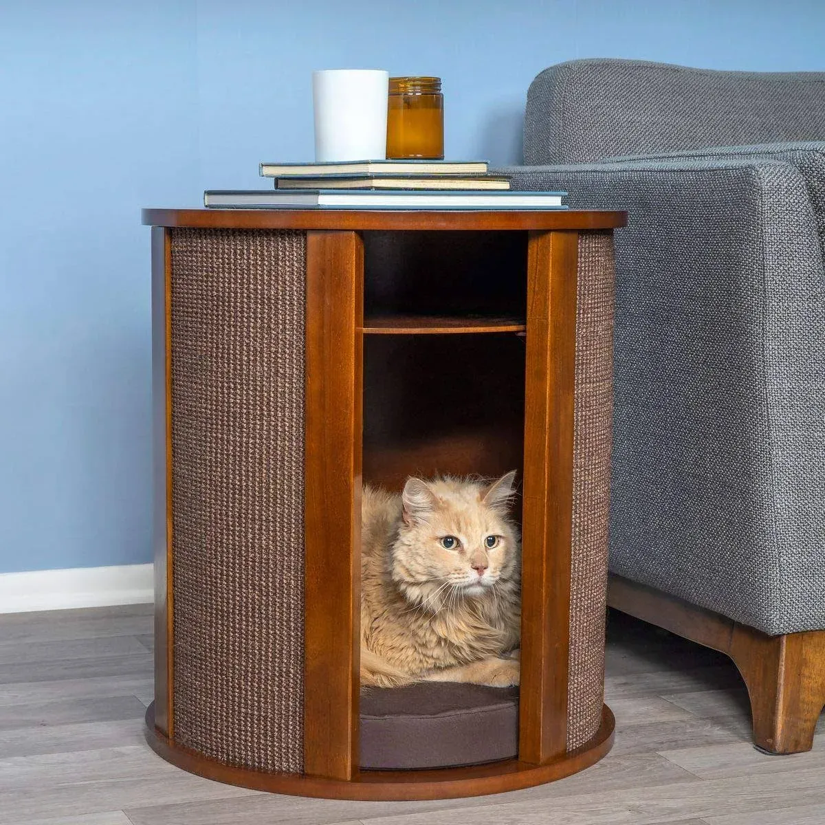 The Refined Feline Purrrrfect End Table Cat Bed Cave in Mahogany Brown, Multipurpose Wood Cat Furniture Nightstand, Easy to C