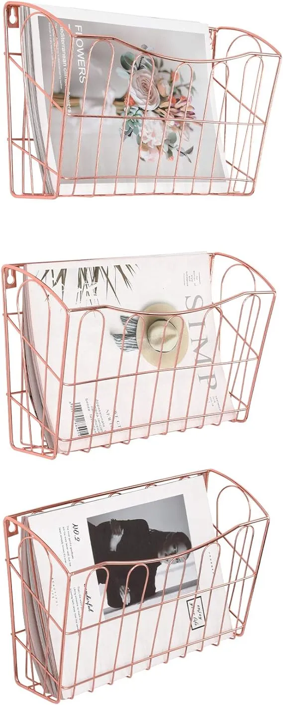 Hanging File Organizer, 3 Pocket Wall File Holder, Wall Mounted Document Magazine Rack for Office School Home, Rose Gold