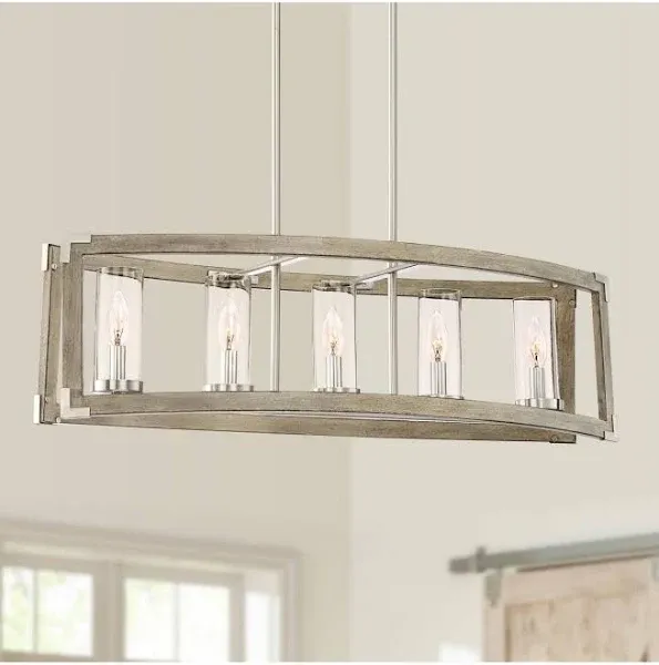 Kerr Wood Brushed Nickel Island Pendant Chandelier 32.75" Wide Modern Clear Glass Shade 5-light Fixt In Brown