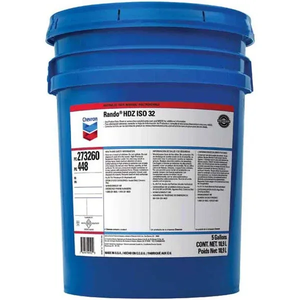 Chevron Rando HD ISO 32 - Anti Wear Hydraulic Oil Fluid, 5 Gallon Pail