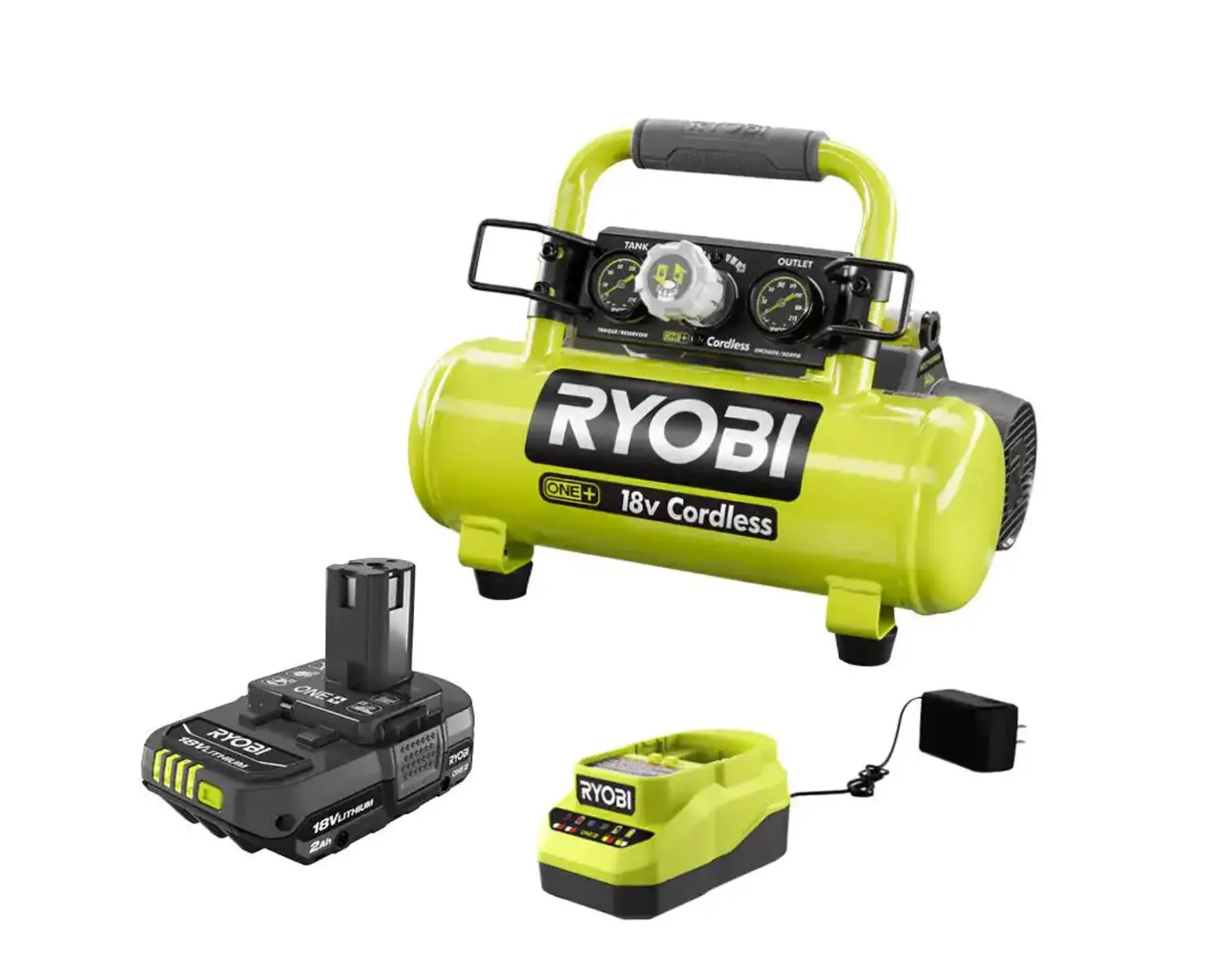 Ryobi P739-PSK005 One+ 18V Cordless 1 gal. Portable Air Compressor and 2.0 Ah ...