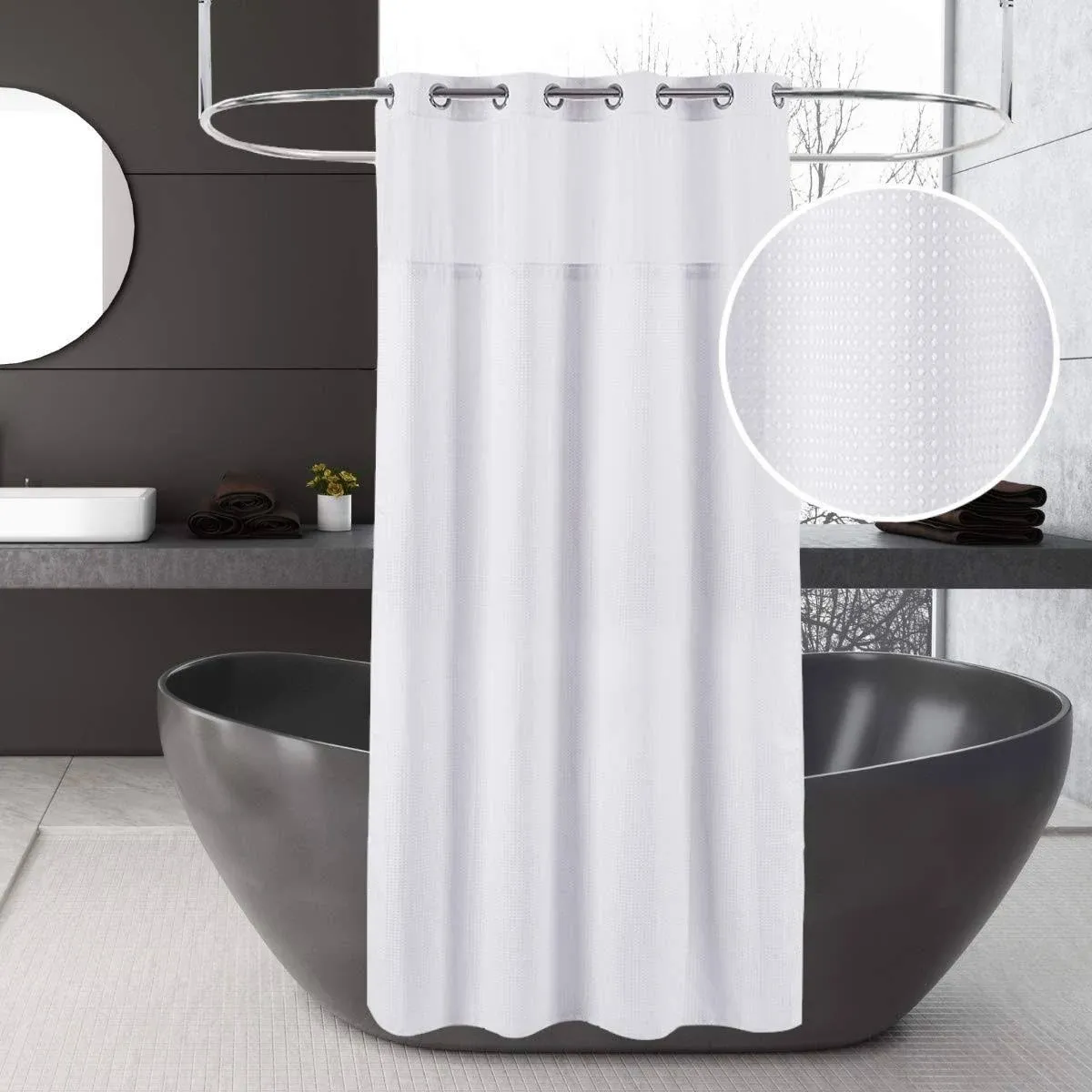 Ecoehoe 71x74 White Waffle Weave Fabric No Hooks Shower Curtain with Removable ...