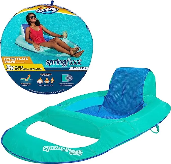 SwimWays Spring Float XL Recliner Chair for Swimming Pool, Inflatable Pool Floats Adult with Fast Inflation, Cup Holder & Foot Rest, Supports Up to 300 lbs, Blue