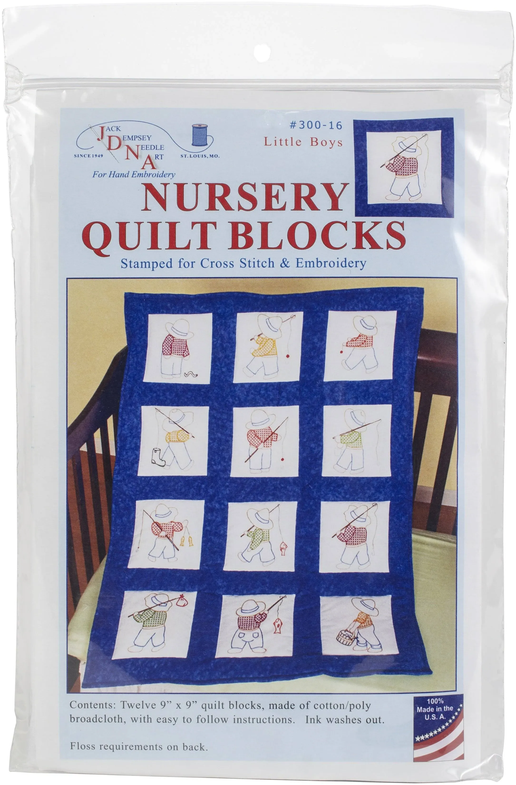 Jack Dempsey Stamped White Nursery Quilt Blocks 9x9" 12/Pkg, Little Boys