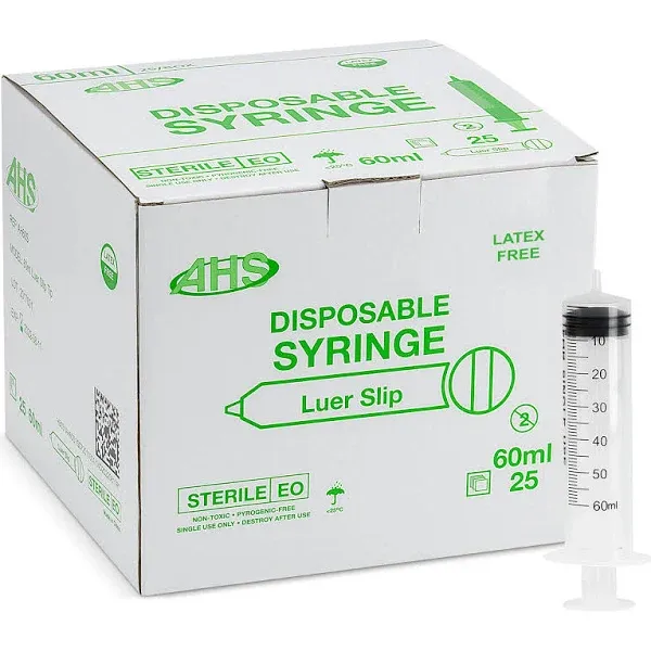 AHS Luer Slip Syringe 60ml 25/Box