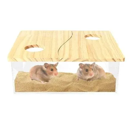 Vehomy Hamster Sand Bath Box Acrylic Sand Bath Container with Two Wood Lids Small Pets Shower Room & Digging Sand Container for Hamsters Mice Lemming Gerbils