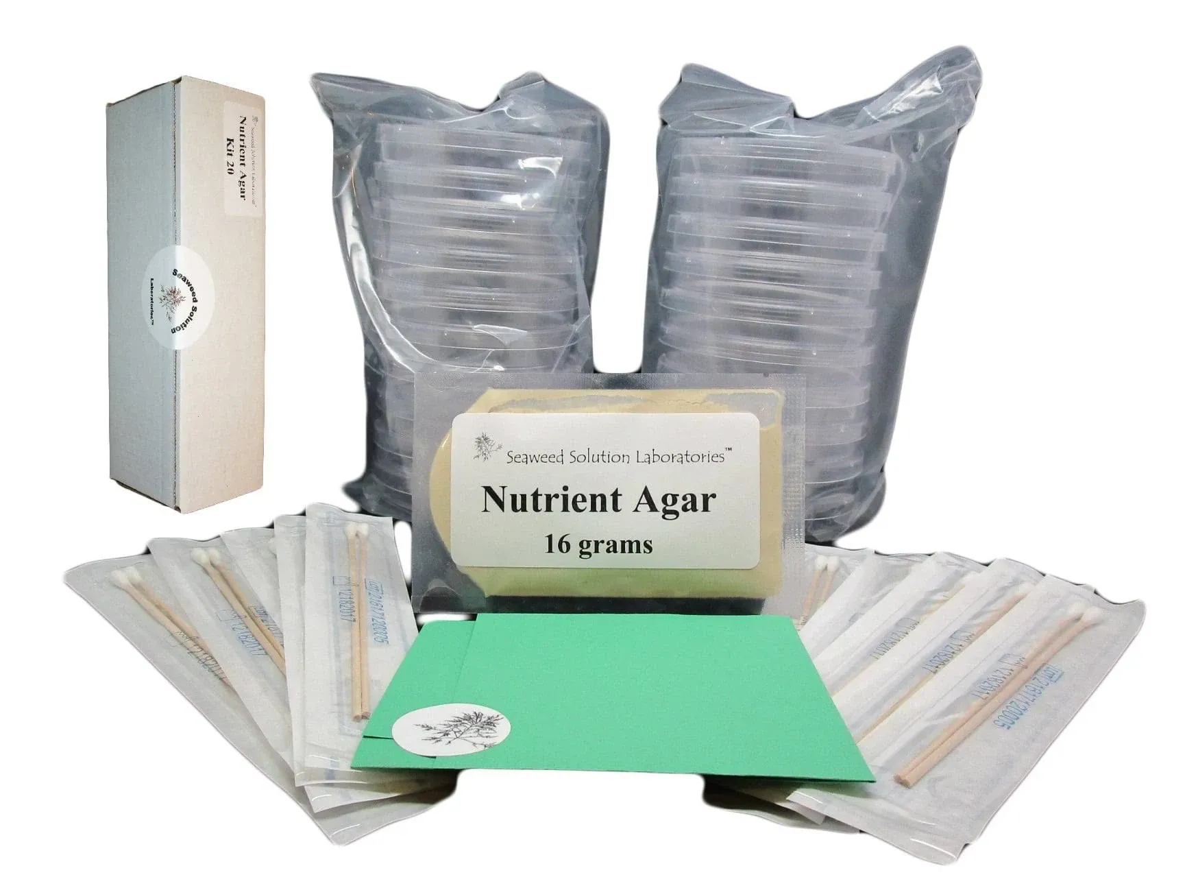 Nutrient Agar Kit, Includes 20 Sterile Petri Dishes with Lids & 20 Sterile Cotton Swabs