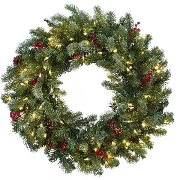 Nearly Natural 30" Lighted Pine Wreath with Berries and Pine Cones