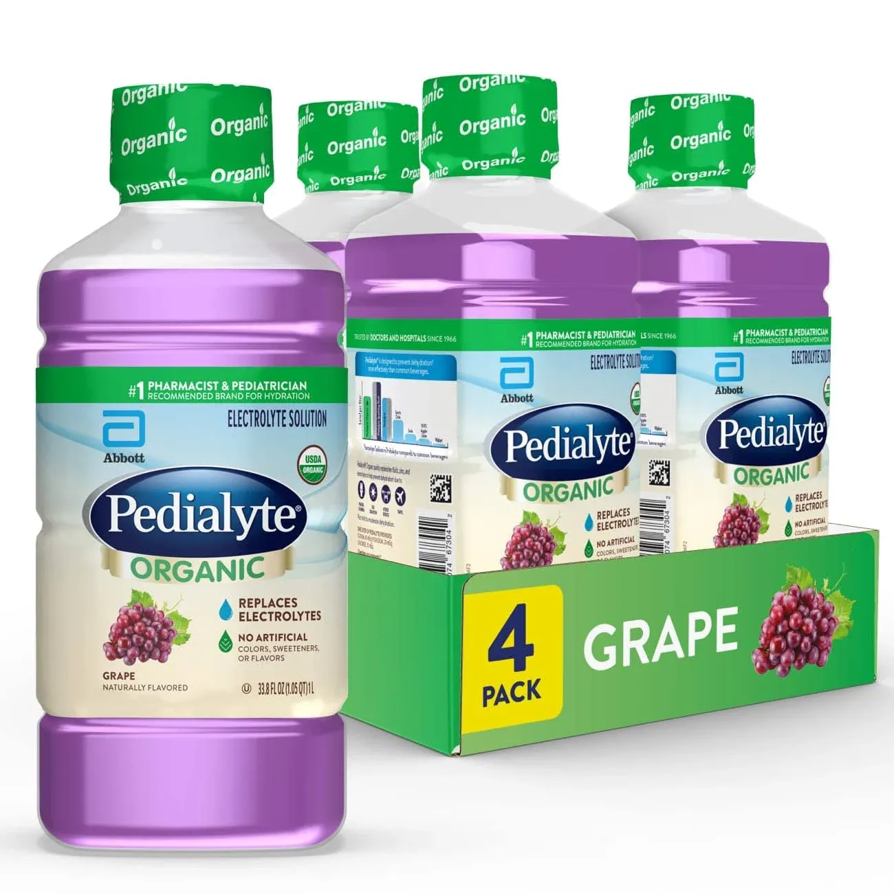 Pedialyte Organic Electrolyte Drink with Zinc for Immune Support - Grape - 1 Liter (Pack of 4)