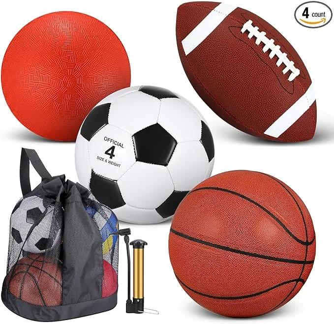 Deekin 4 Pcs Sport Balls Set for Kids Teens, Include Size 5 Basketball Size 4 Soccer Size 6 Football Playground Ball and Pump, Sports Equipment Bag Christmas Sport Gift for Kids