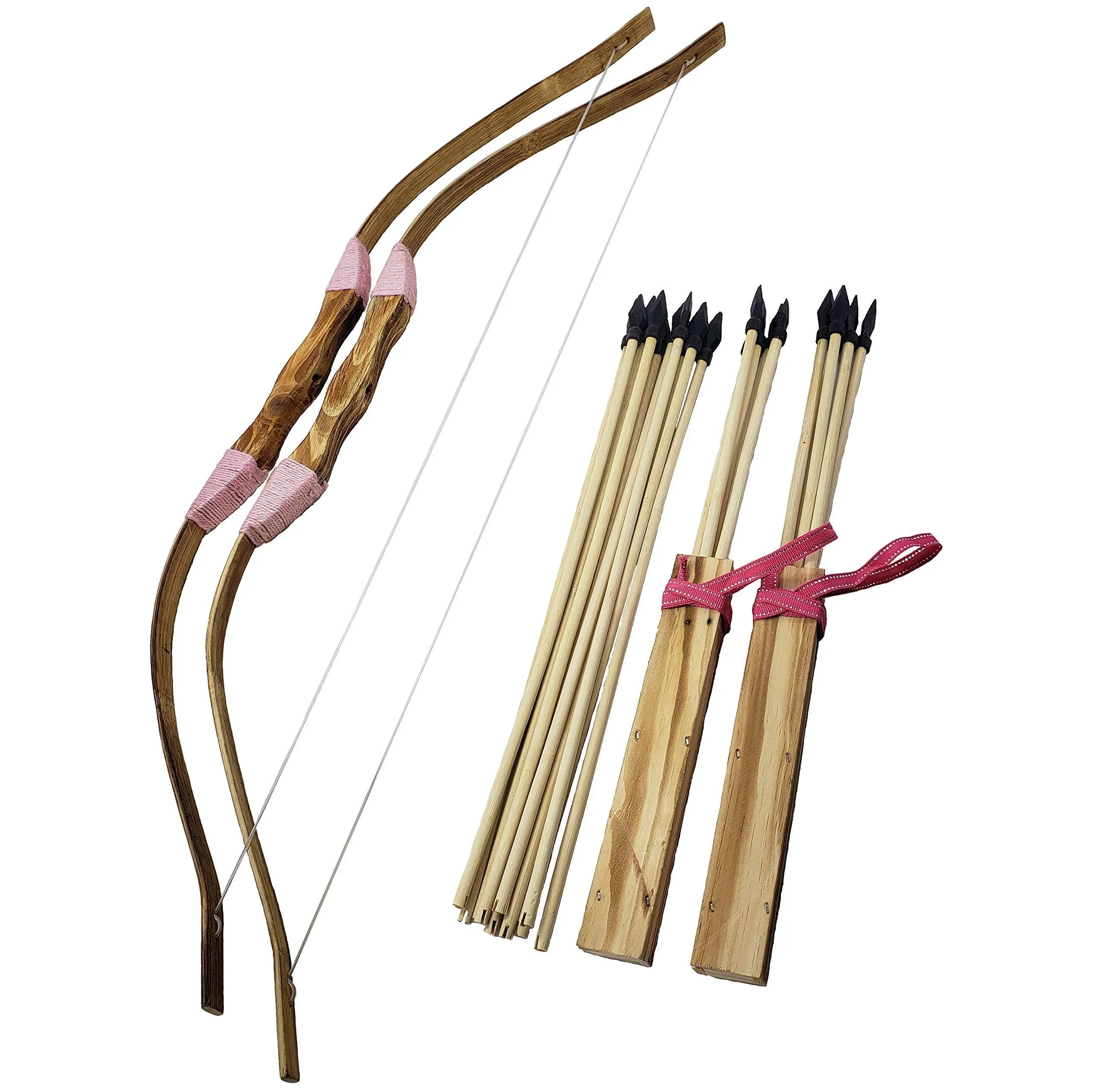 Adventure Awaits | 2-Pack Handmade Wooden Bow and Arrow Set | 20 Wood Arrows and 2 Quivers | for Outdoor Play