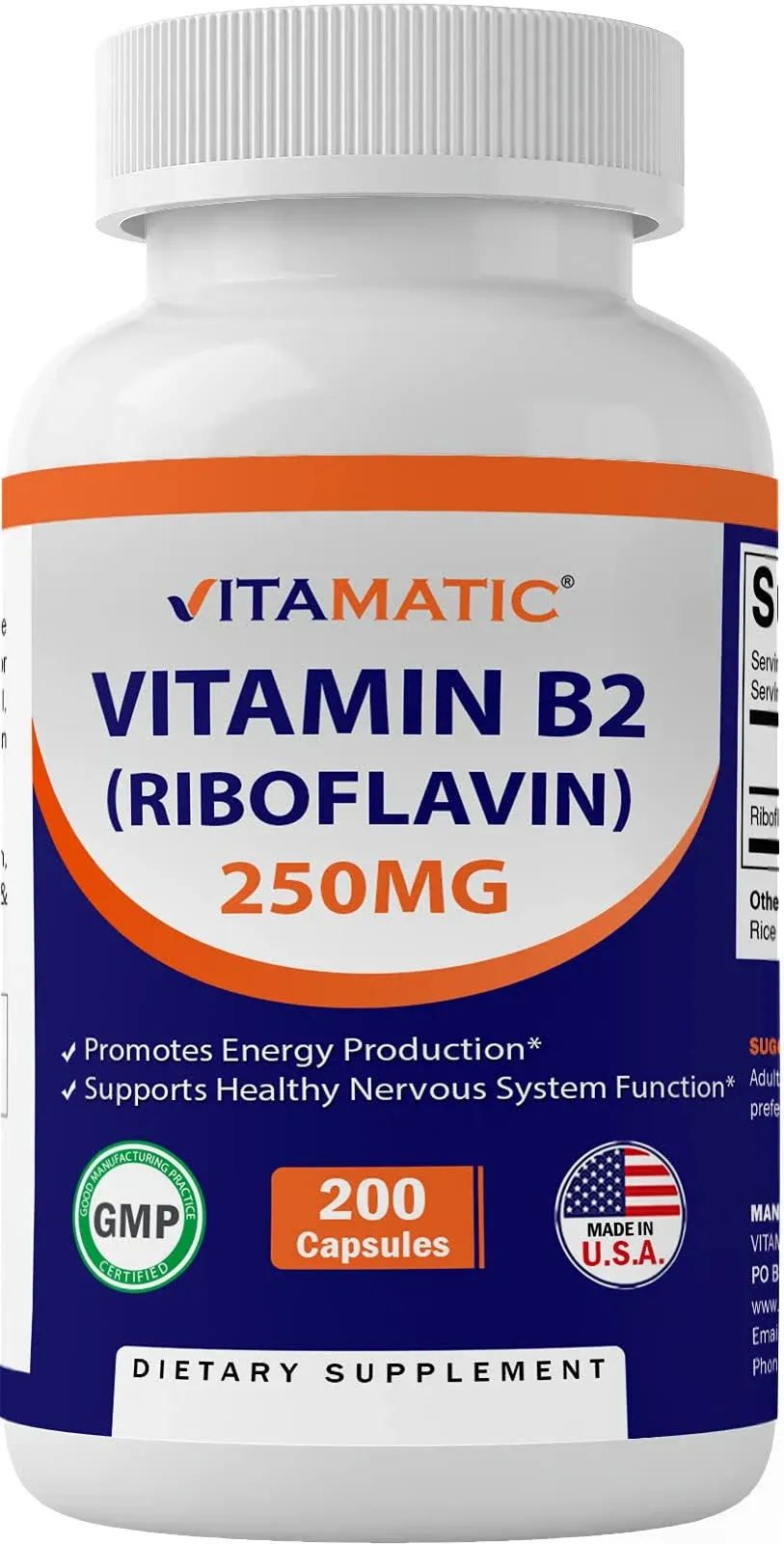 Vitamatic Vitamin B2 (Riboflavin) 250 mg 200 Capsules - Support Cellular Energy and Red Blood Cell Production