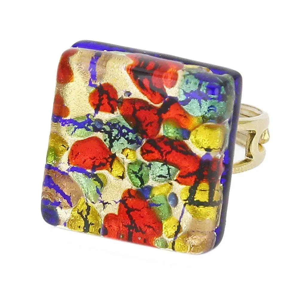 Murano Glass Venetian Reflections Square Adjustable Ring - Golden Meadow