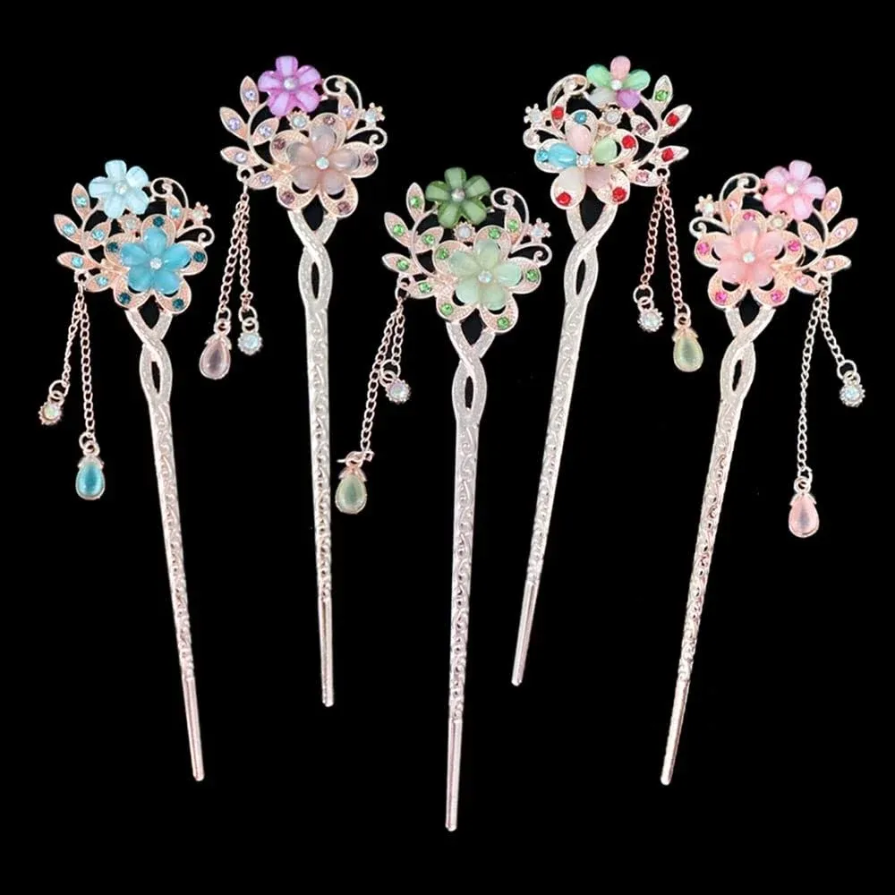 5 Colors Chinese Traditional Flower Hair Sticks Retro Glitter Rhinestone Hairpin