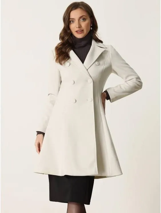 Allegra K Women's Notch Lapel Collar A-Line Double Breast Long Winter Coat Cream ...