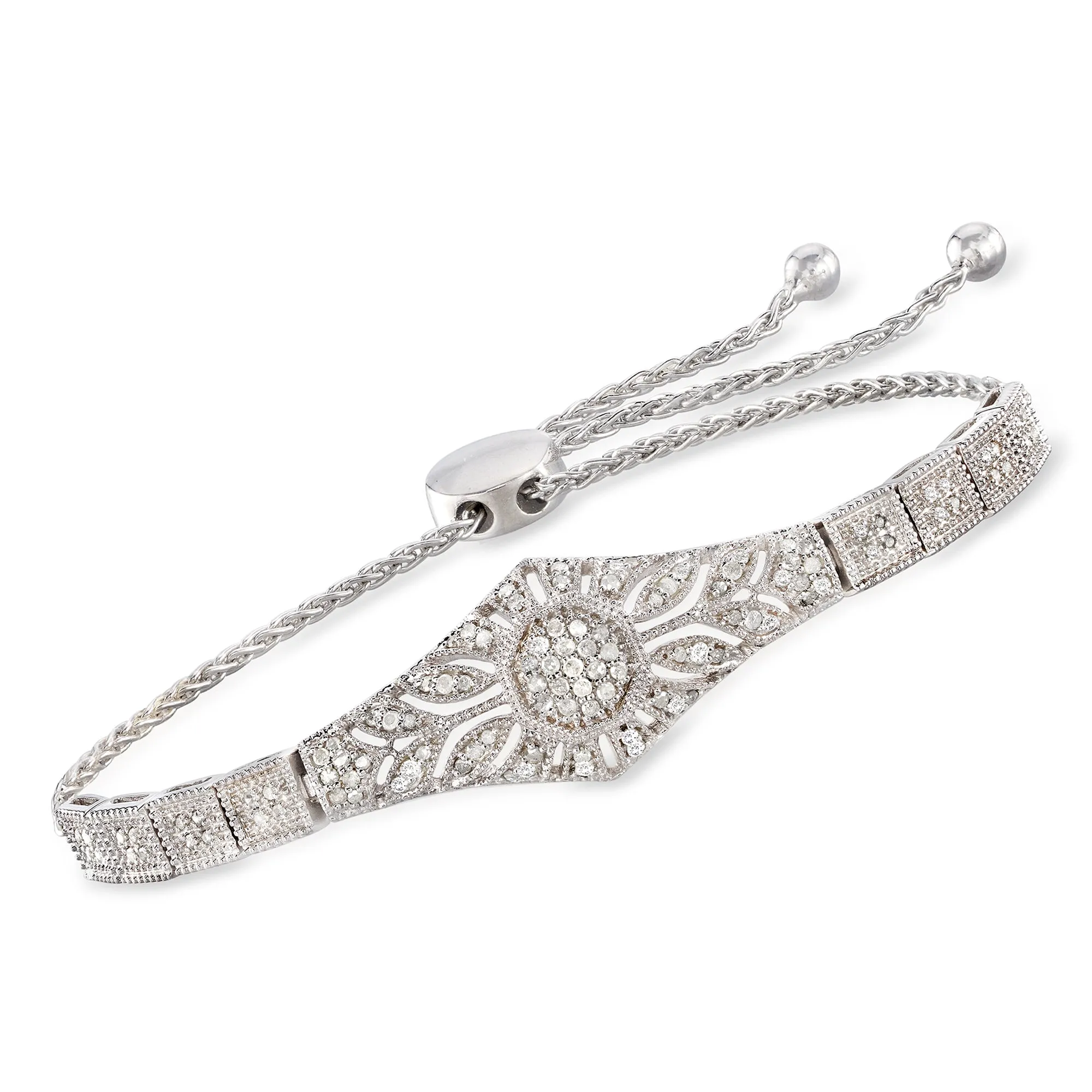 Ross-Simons Diamond Floral Openwork Bolo Bracelet in Sterling Silver