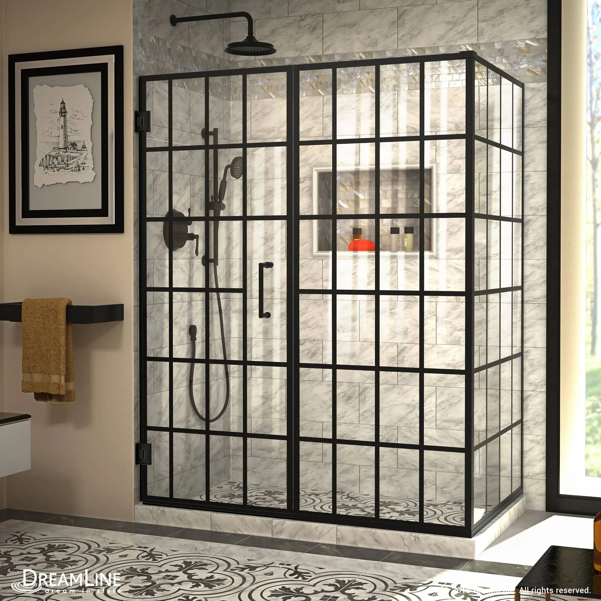 DreamLine Unidoor Toulon 34 in. D x 58 in. W x 72 in. H Frameless Hinged Shower Enclosure in Satin Black, SHEN-2434580-89