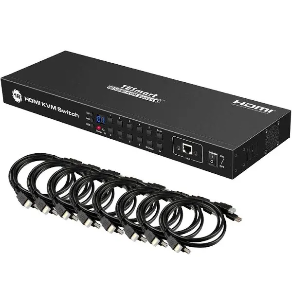 TESmart KVM Switch 4K UHD 16 in 1 Out 4K30Hz Console Rack Mount Switch with 8 Pcs ...