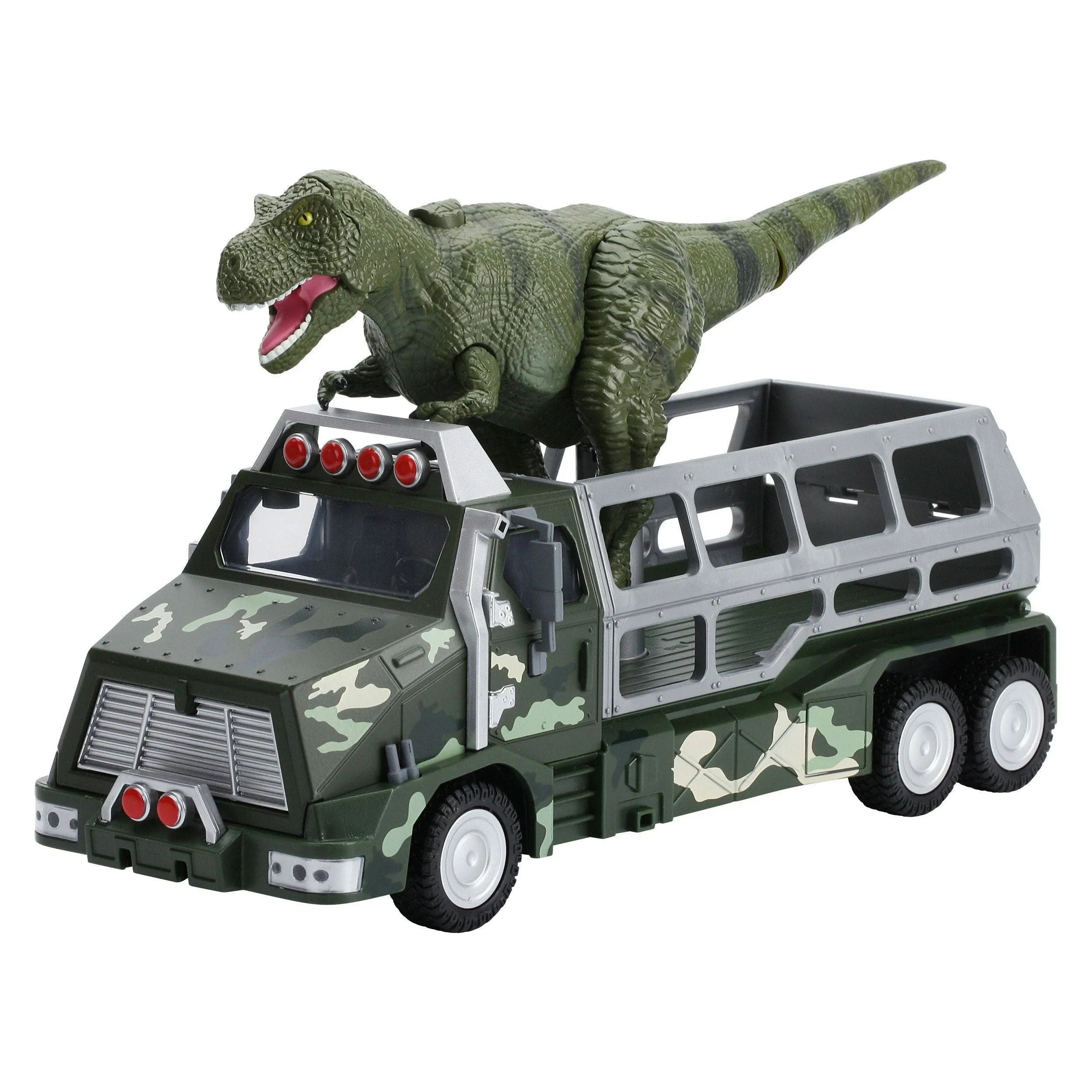 BUILD ME Dinosaur Transport Truck Toy Die-Cast Jurassic World Transporter Jungle Truck and 9 Inch Tall Tyrannosaurs Rex Dinosaur Toy. Fun Dinosaur Playset