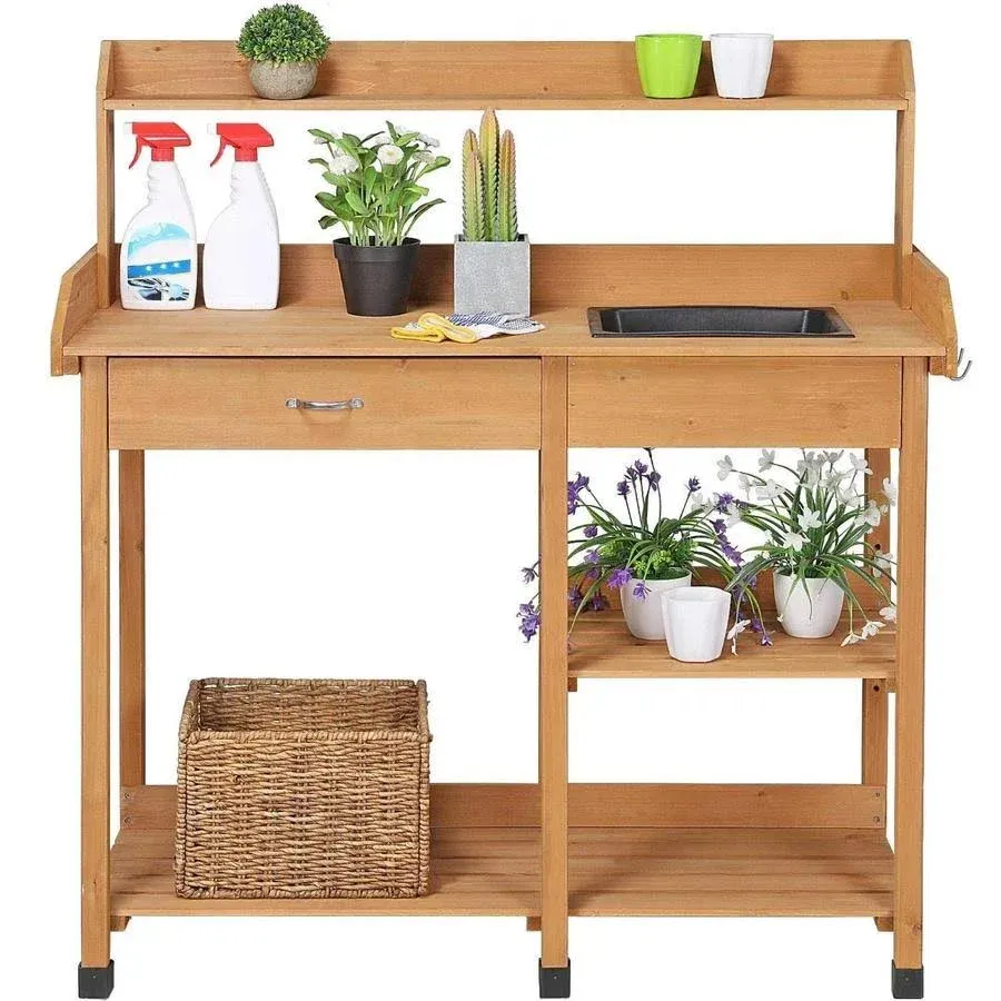 Topeakmart Outdoor Garden Potting Bench Potting Tabletop with Sink Drawer Rack Shelves