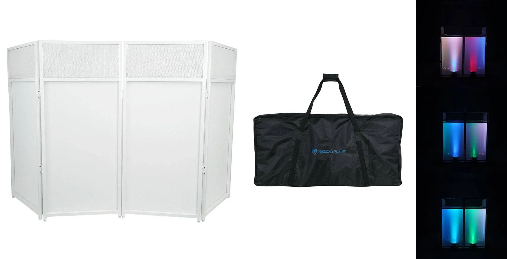 Rockville ROCKBOOTH White DJ Event Booth Facade w/20” x 40” Built in Table + Travel Bag + Scrims