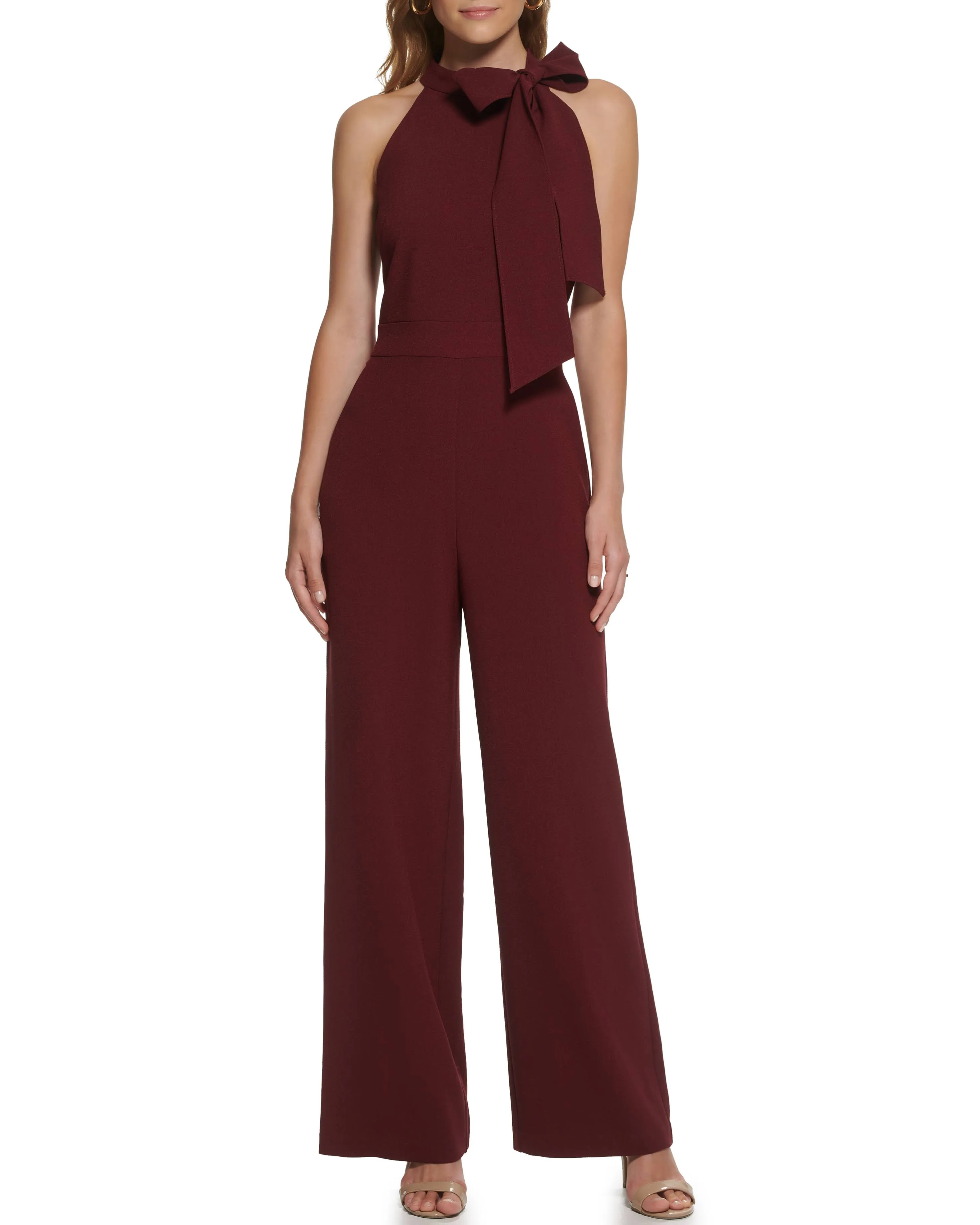 Bow Neck Stretch Crepe Jumpsuit In Merlot