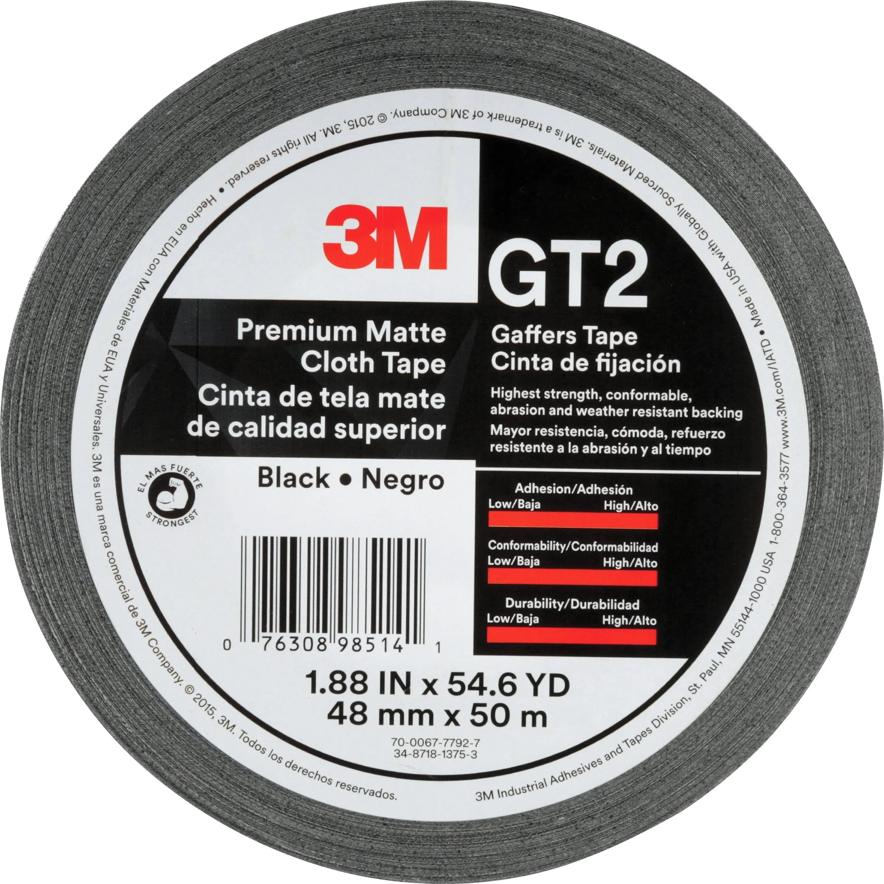 3M Premium Matte Cloth (Gaffers) Tape GT2, High-Strength, Indoor/Outdoor Use, Black, 48 mm x 50 m, 11 mil, 1 Roll, 98514