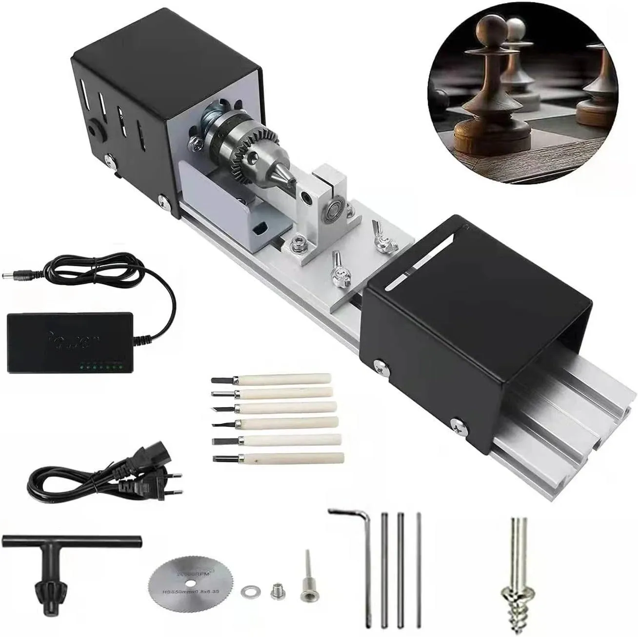 Mini Lathe Beads Polisher Machine DIY Machining for Table Woodworking Power Wood Tool Lathe Set Grinding (Black)