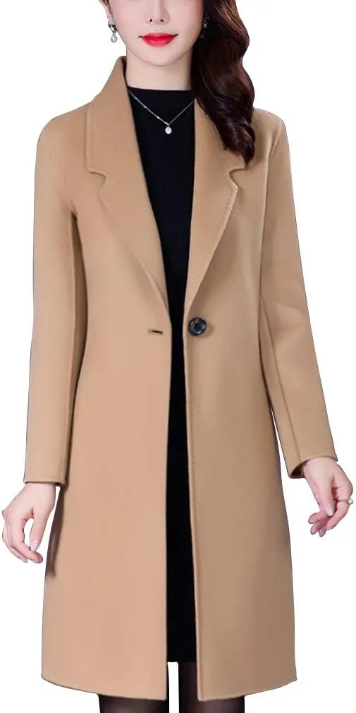 Aprsfn Women's Winter Wool Coats Long Sleeve One Buttoned Pea Coats Notched Lapel Jackets Mid-Length Windproof Overcoat