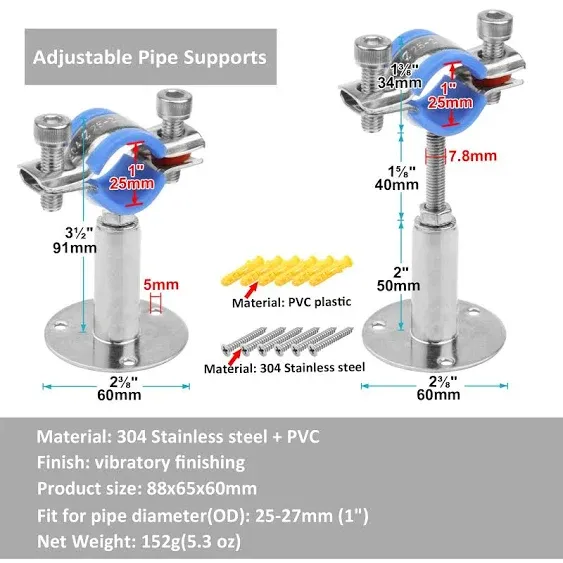 4 Pcs Adjustable Pipe Supports for Nominal 3/4" Pipe, 304 Stainless Steel Wall Mount Ceiling Pipe Bracket Clamps for Outside Diameter 25mm(1-inch) Pipe Tube