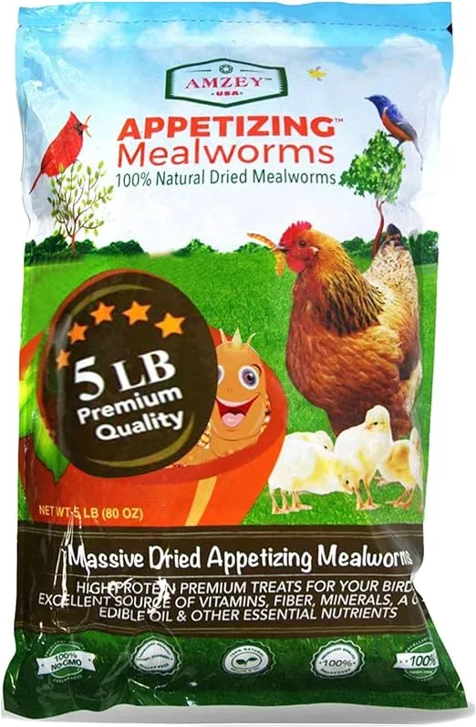 5 LBS- 100% Non-GMO Dried Mealworms - Large Meal Worms - High Protein Treats- Perfect Mealworm for Chickens, Ducks, Turtles, Blue Birds, Lizards - Bag of Mealworms 5 LBS