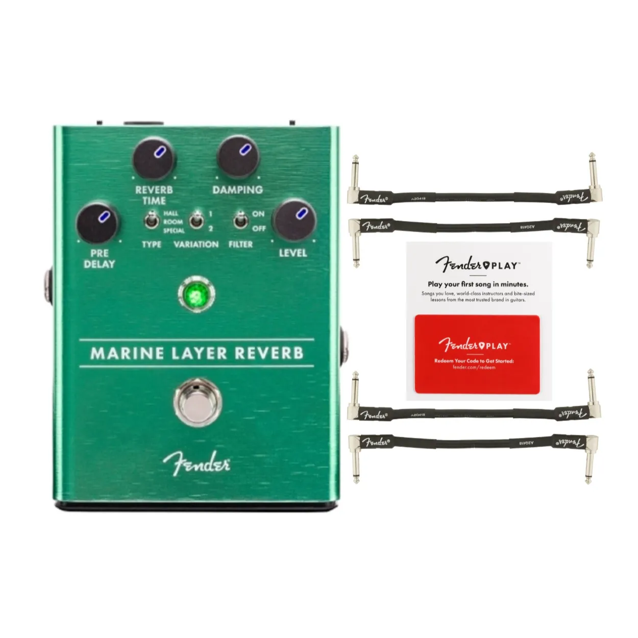 Fender Marine Layer Reverb Pedal with Instrument Cable (4-Pack) and 3-Month Prepaid Card in Green