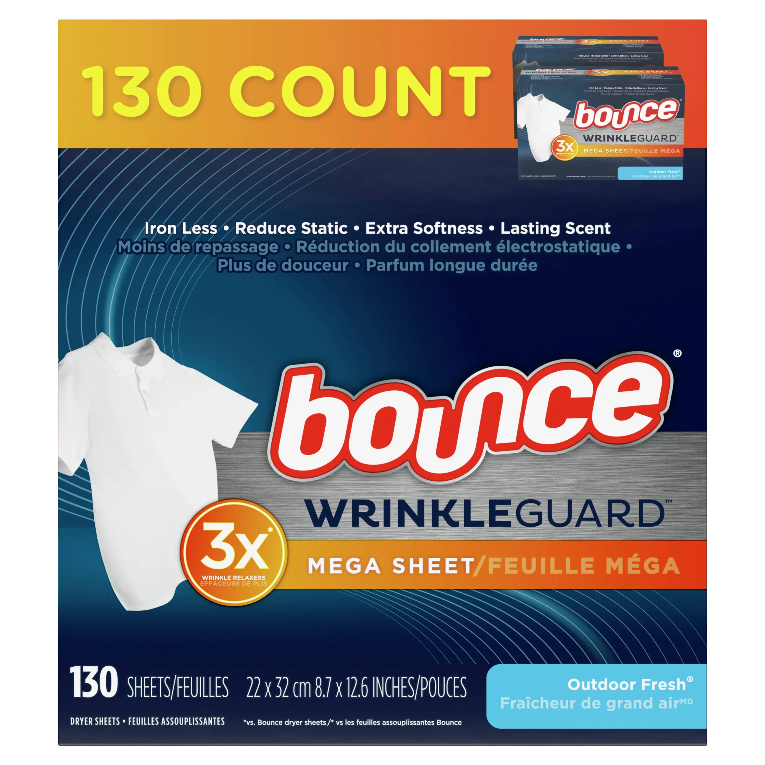 Bounce Mega Dryer Sheets, Fresh Breeze, 130 Count (Packaging May Vary)