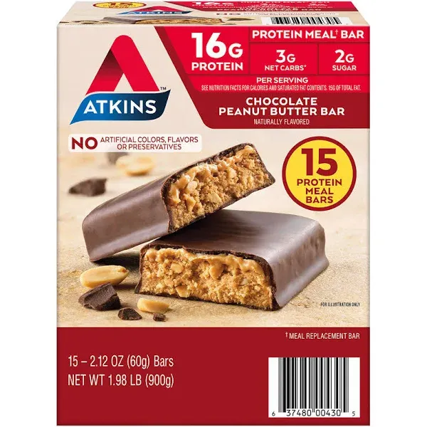 Atkins Protein-Rich Meal Bar, Chocolate Peanut Butter, Keto Friendly, 15 Count