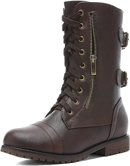 DREAM PAIRS Women's Winter Combat Boots, Comfortable Warm Faux Fur Lined Outdoor Lace-Up Mid Calf Riding Booties