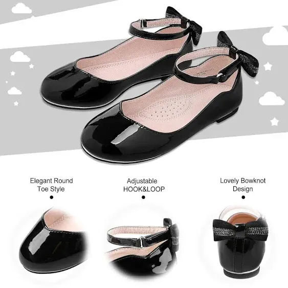 HOMEHOT Girls Mary Jane Dress Shoes Ballerina Flats for Princess Uniform Shoes for Little/Big Kids with Ankle Strap Bowknot Shoes Black Size 3