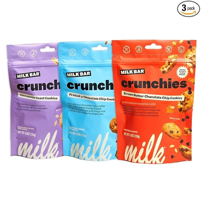 MILK BAR Super Crunchy Cookies - Cinnamon Toast, Pretzel-y Chocolate Chip, and Brown Butter Chocolate Chip | Crunchy Bite-Sized Cookies With No Artificial Flavors or Preservatives | Pack of 3, 4.5oz Bags