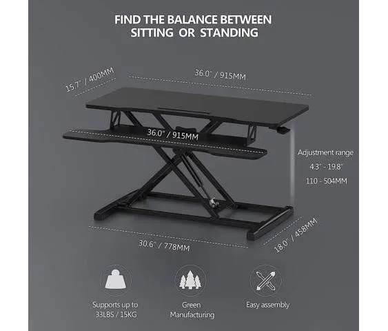 Height Adjustable Standing Desk 36 Wide Sit to Stand Converter Stand Up Desk ...