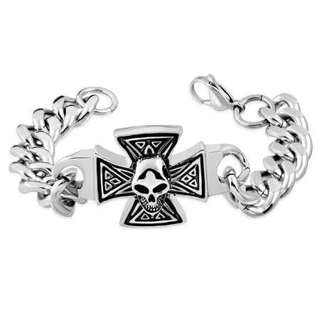 Stainless Steel Silver-Tone Cross Skull Link Chain Mens Bracelet