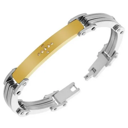 Stainless Steel Two-Tone CZ Cross Men s Link Chain Bracelet