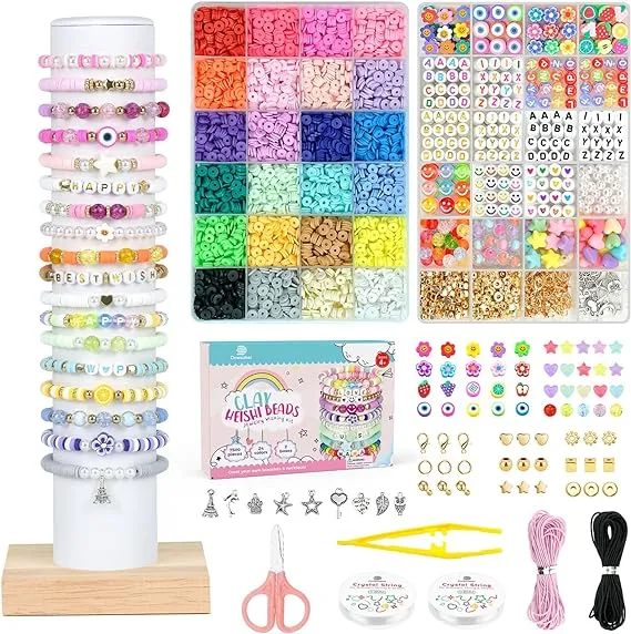 Dowsabel Clay Beads Bracelet Making Kit for Beginner, 5000pcs Heishi Flat Preppy Polymer Clay Beads with Charms Kit for Jewel, Lobster