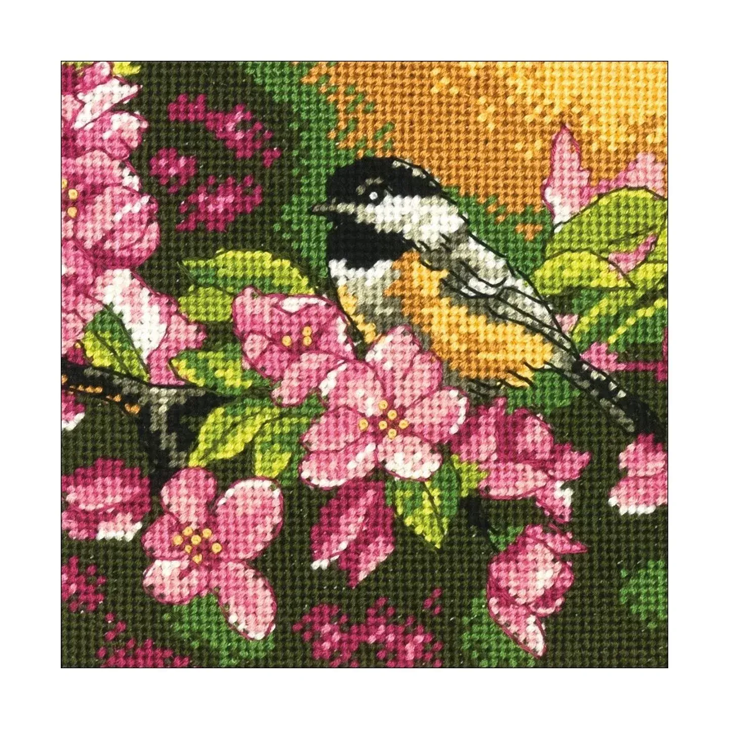 Chickadee in pink needlepoint