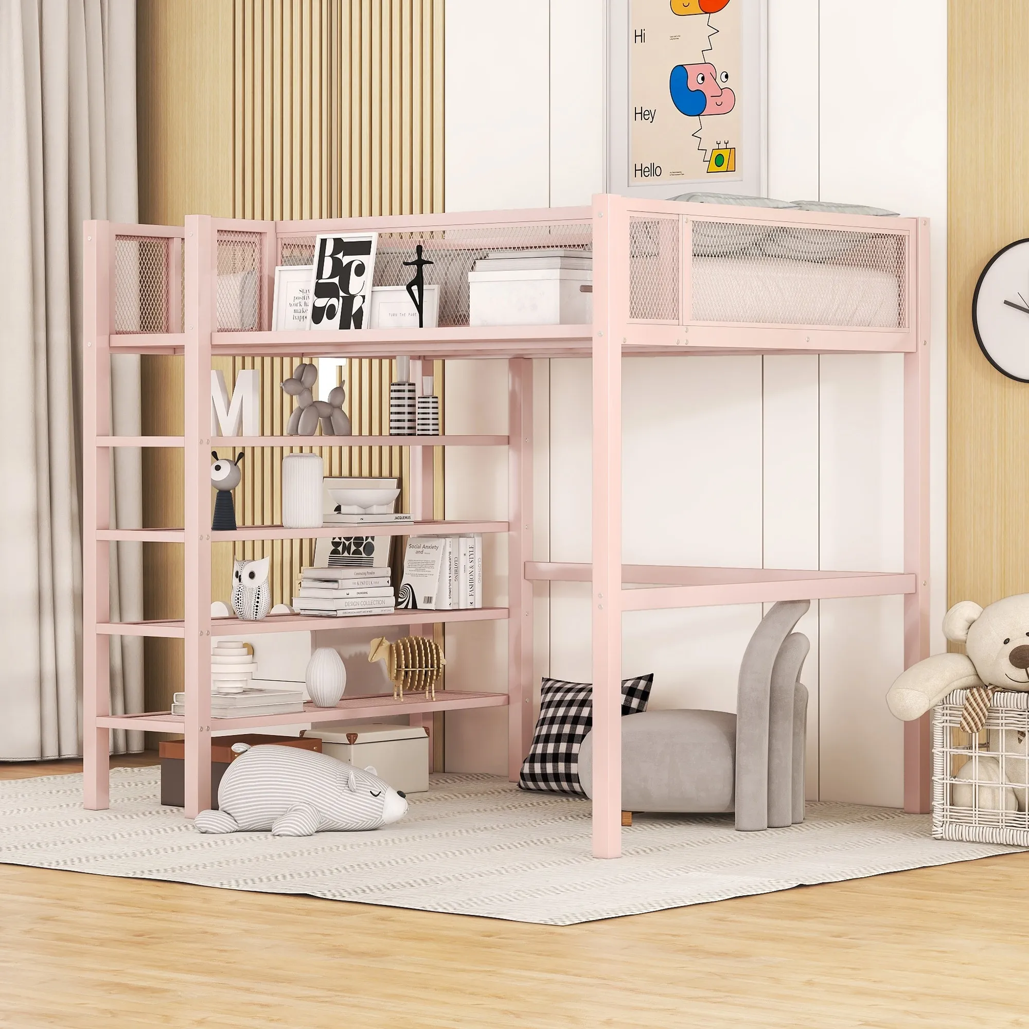 Twin Size Loft Bed with 4-Tier Shelves and Storage, Modern Metal Loft Bed Frame with 4-Step Ladder & Full-Length Guardrail, Pink